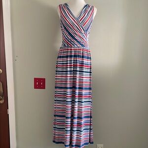 Lands end stretch v neck Striped Sleeveless Maxi Dress S